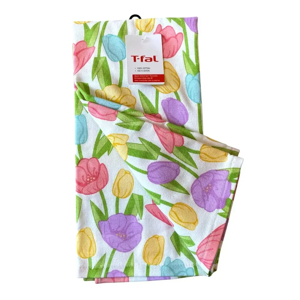T-Fal Floral Cotton Kitchen Towels 18x28 Pop of Color Spring Tulips Set of 2 NEW